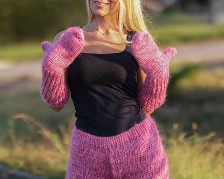 Pink Wool Mohair Mittens – Hand Knitted Fluffy Soft Winter Gloves T1486