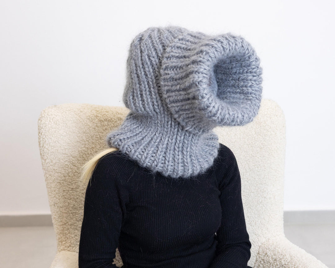 Mohair Wool Balaclava – Hand Knitted Chunky Winter Hood T1527