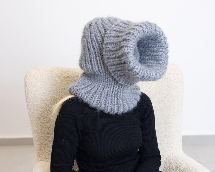 Mohair Wool Balaclava – Hand Knitted Chunky Winter Hood T1527