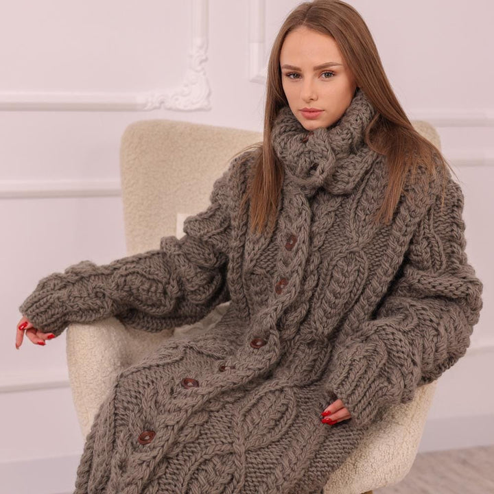 Long Wool Cable Knit Cardigan – Hand Knitted Chunky Buttoned Coat T2008