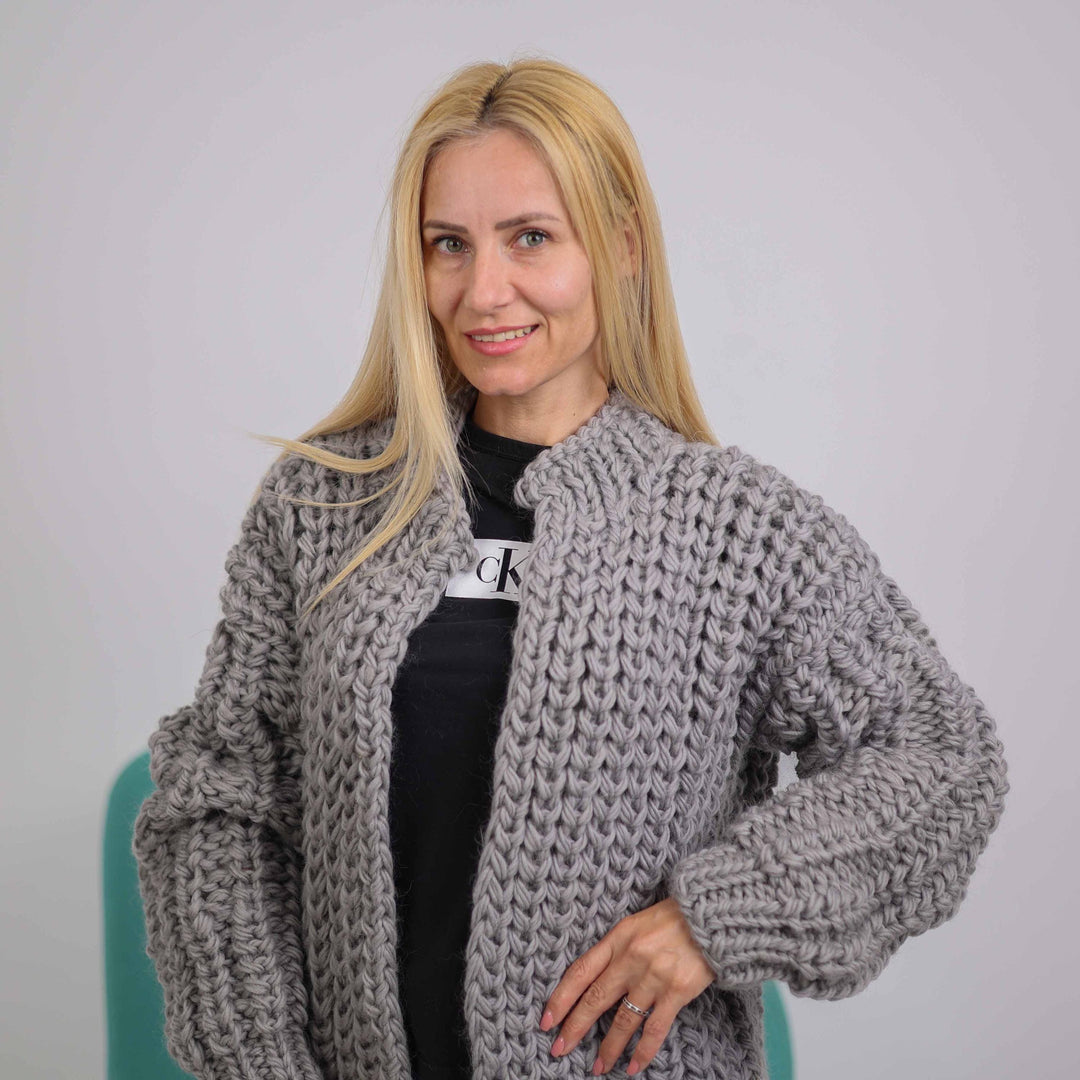 Chunky Wool Cardigan – Hand Knitted 100% Wool English Rib Coat T1890
