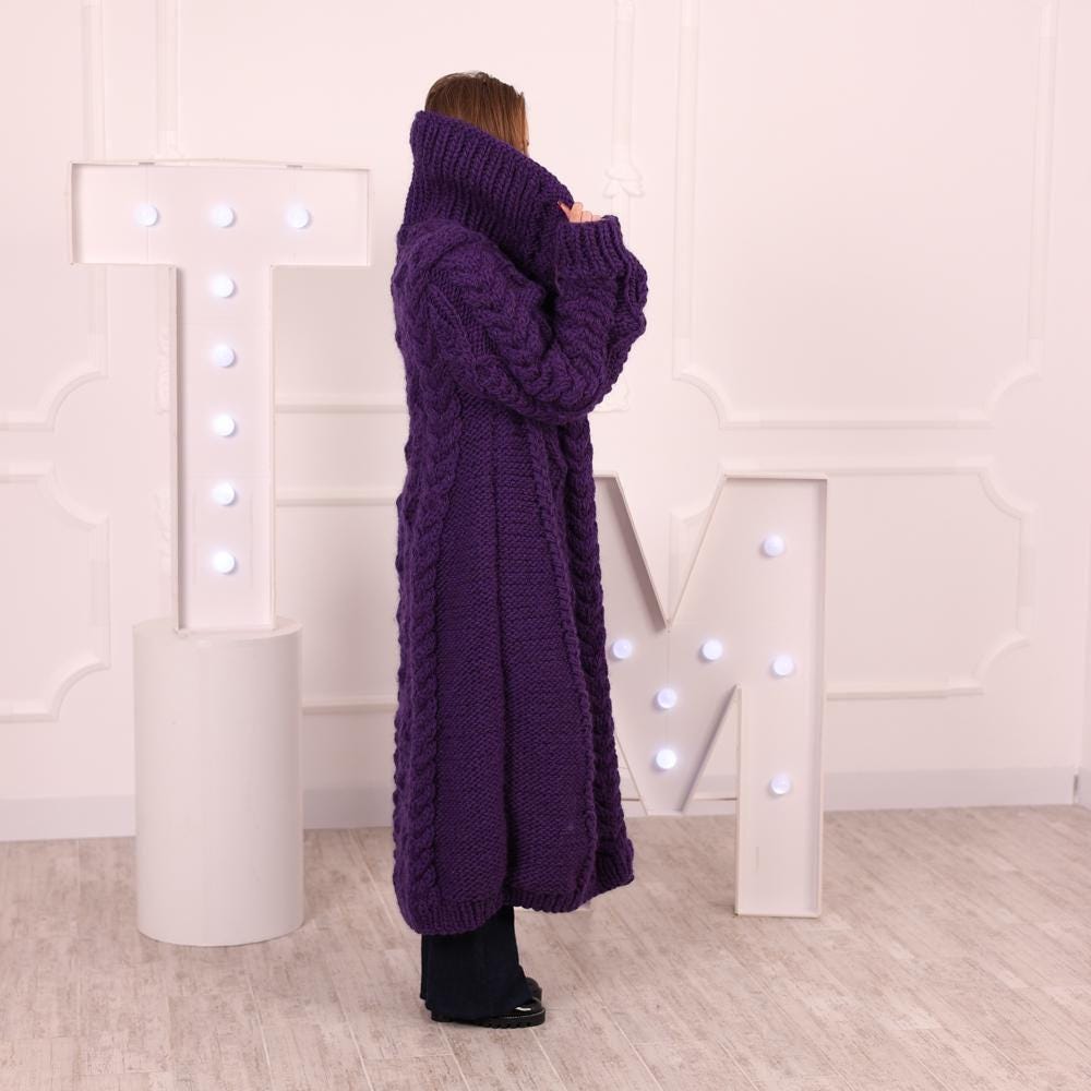 Long Purple Wool Cardigan – Hand Knitted 100% Wool Cable Knit Coat T2032