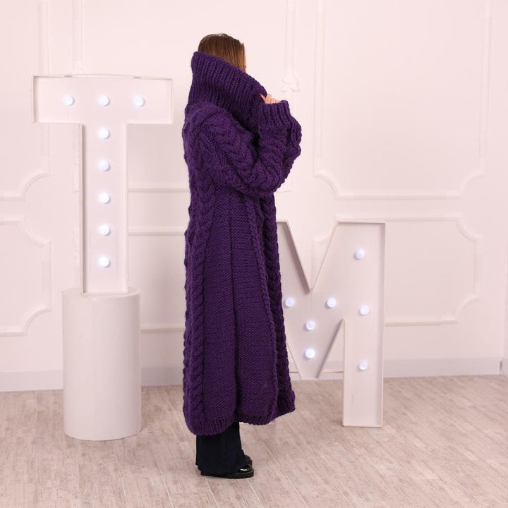 Long Purple Wool Cardigan – Hand Knitted 100% Wool Cable Knit Coat T2032