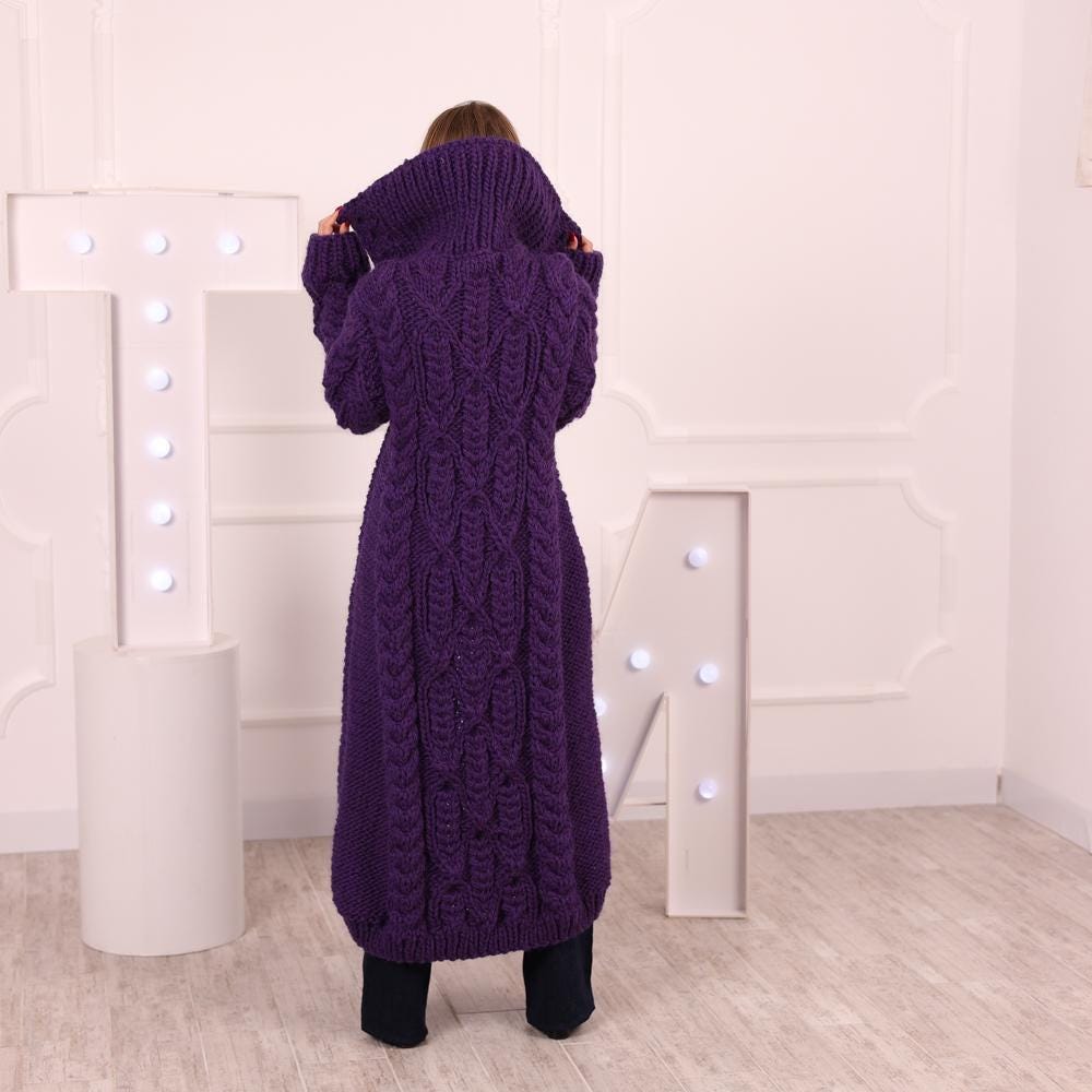 Long Purple Wool Cardigan – Hand Knitted 100% Wool Cable Knit Coat T2032