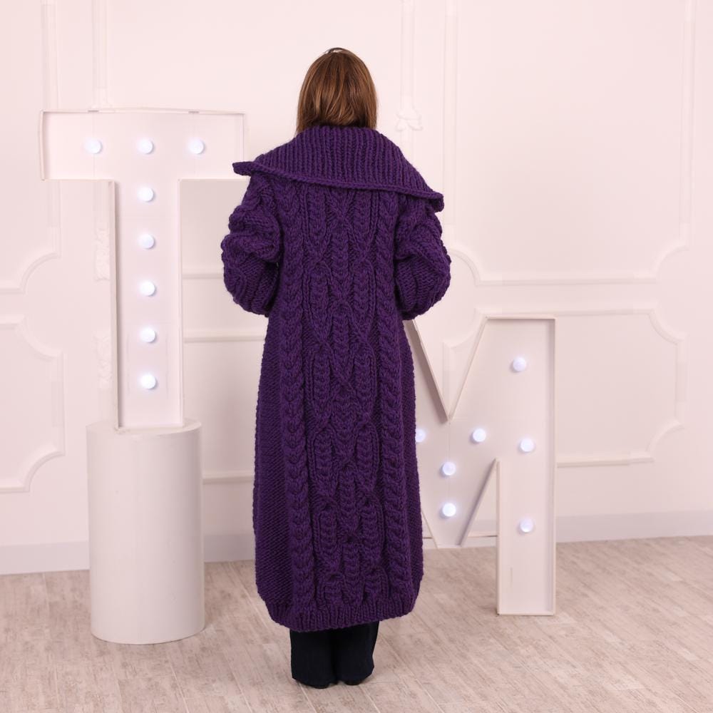 Long Purple Wool Cardigan – Hand Knitted 100% Wool Cable Knit Coat T2032