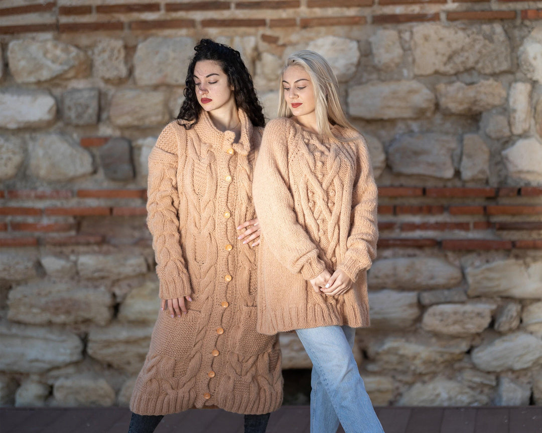 Beige Baby Alpaca Cardigan – Hand Knitted Long Extra Soft Maxi Coat T1413