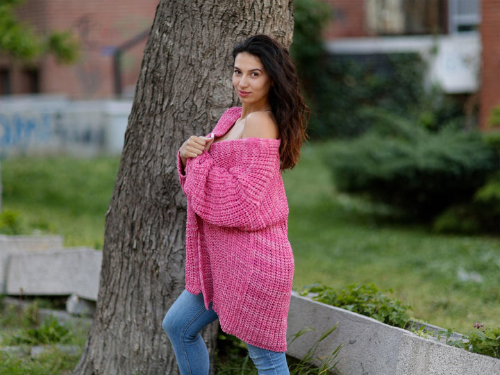 Pink Melange Cotton Cardigan – Hand Knitted 100% Cotton English Rib Coat T1068