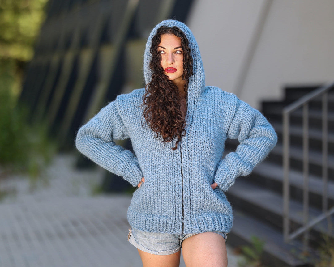 Chunky Wool Cardigan – Hand Knitted Fully Zipped Jacket T1444