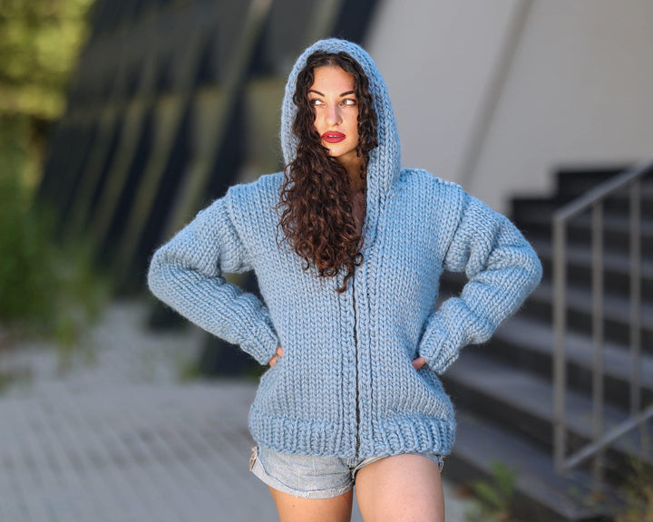 Chunky Wool Cardigan – Hand Knitted Fully Zipped Jacket T1444