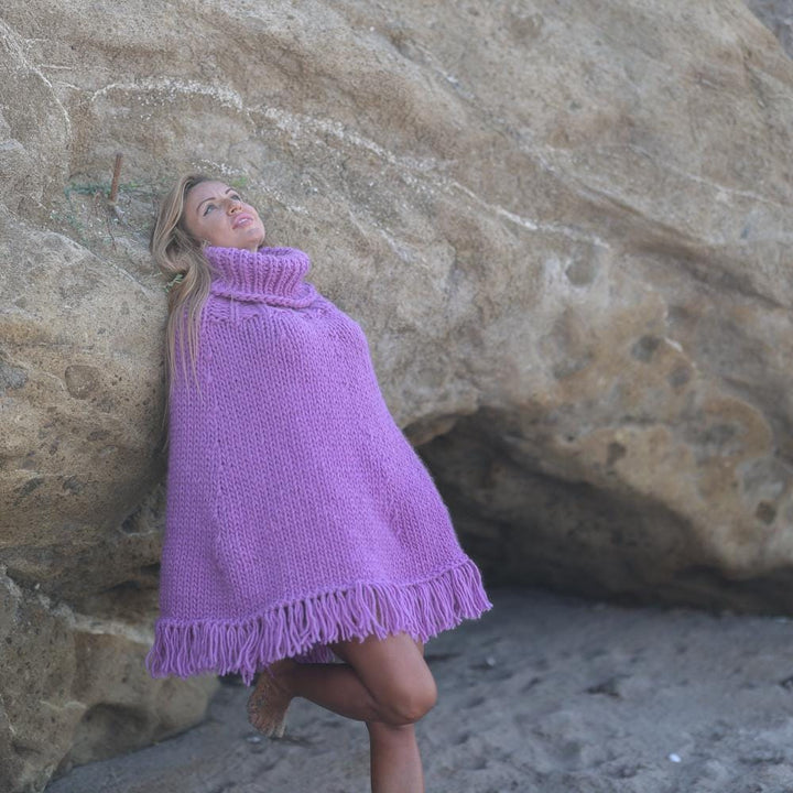Purple Wool Poncho – Hand Knitted Chunky Cape with Turtleneck and Fringes T1943