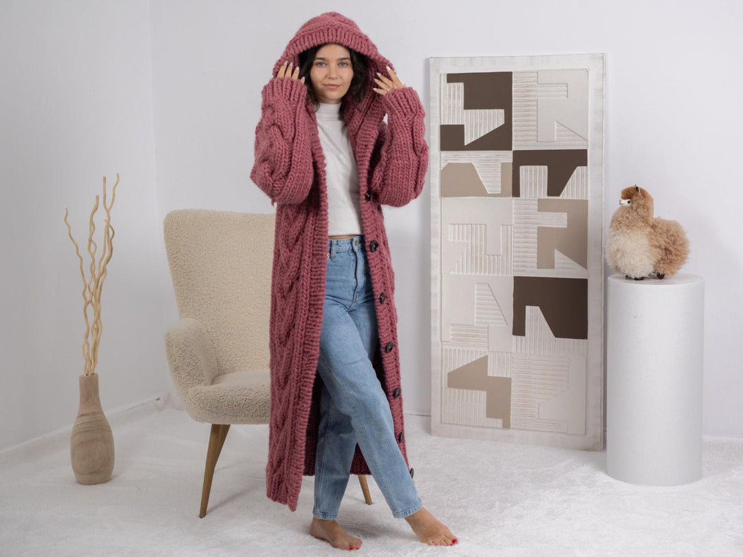 Pink Wool Cardigan – Hand Knitted Cable Knit Sweater T1687