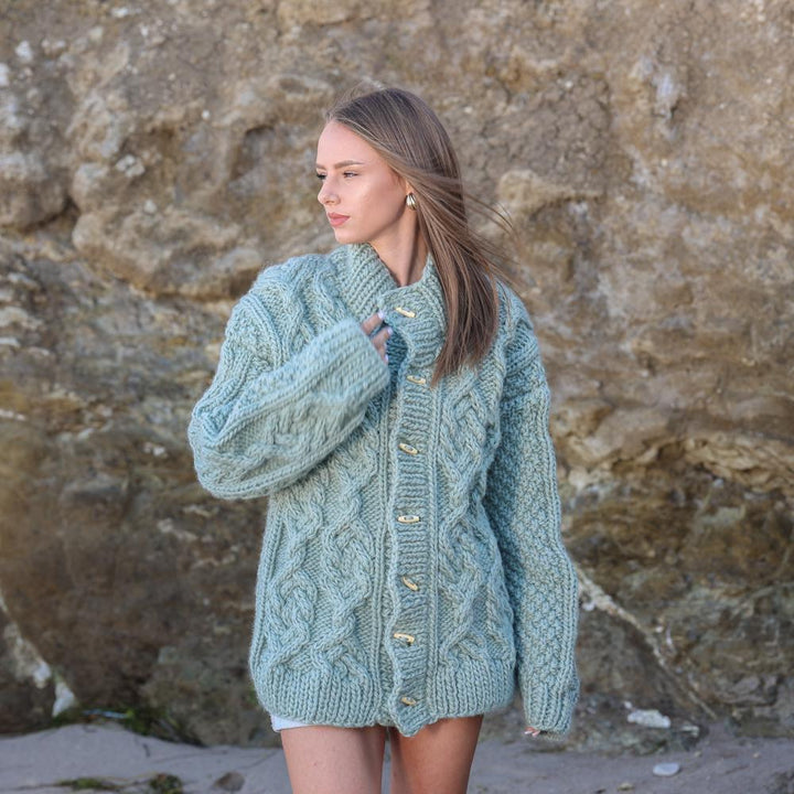 Chunky Wool Cardigan – Hand Knitted 100% Wool Cable Knit Sweater T1959