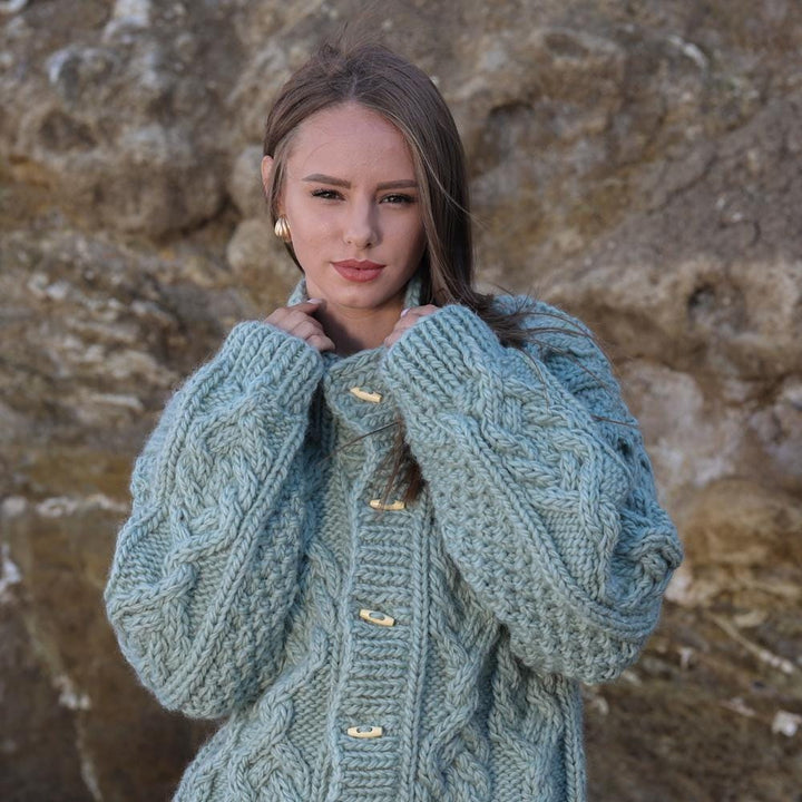 Chunky Wool Cardigan – Hand Knitted 100% Wool Cable Knit Sweater T1959