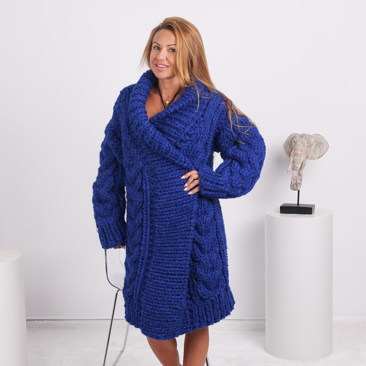 Blue Wool Cardigan – Hand Knitted Cable Knit Sweater T1732