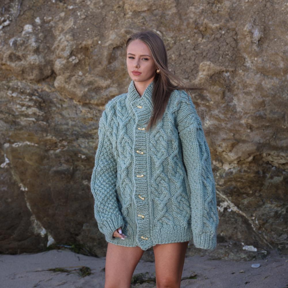 Chunky Wool Cardigan – Hand Knitted 100% Wool Cable Knit Sweater T1959
