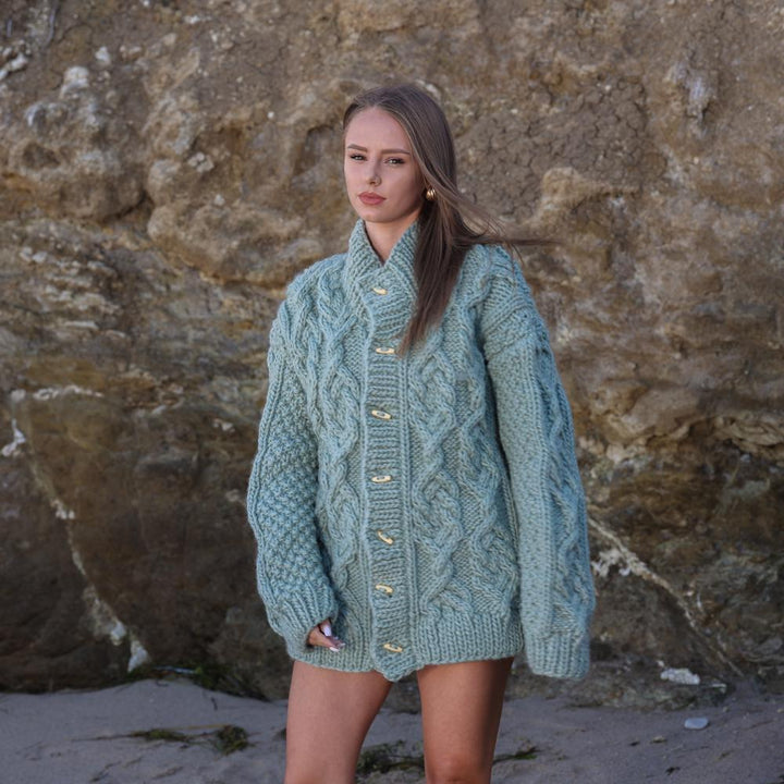 Chunky Wool Cardigan – Hand Knitted 100% Wool Cable Knit Sweater T1959