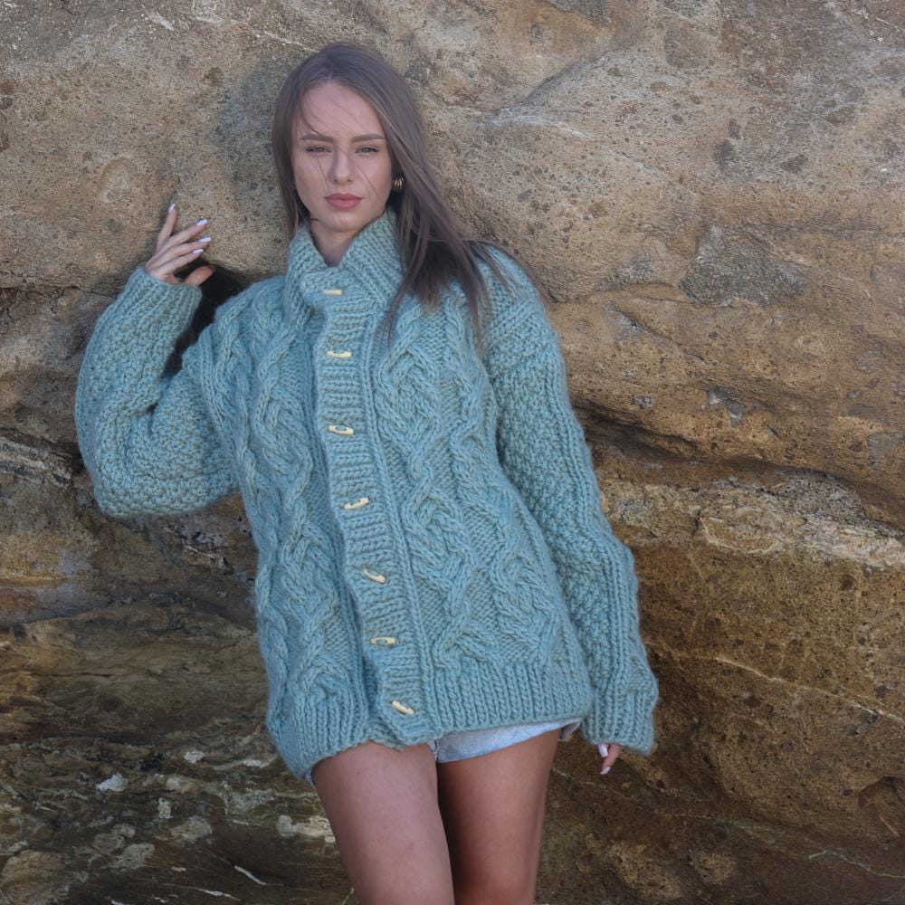 Chunky Wool Cardigan – Hand Knitted 100% Wool Cable Knit Sweater T1959