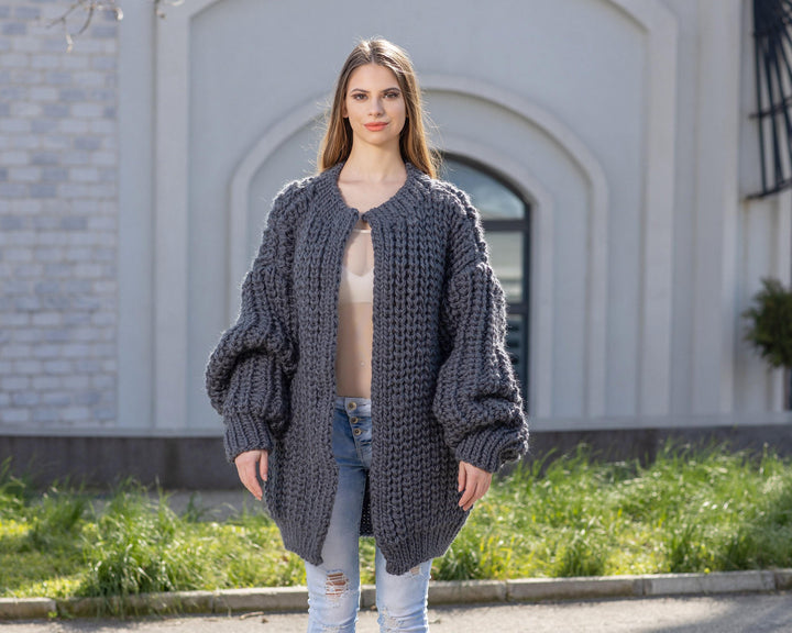 Gray Wool Cardigan – Hand Knitted Fisherman Style English Rib Coat T1021M