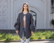 Gray 3-Strand Soft Wool Fisherman Rib Cardigan T1021M