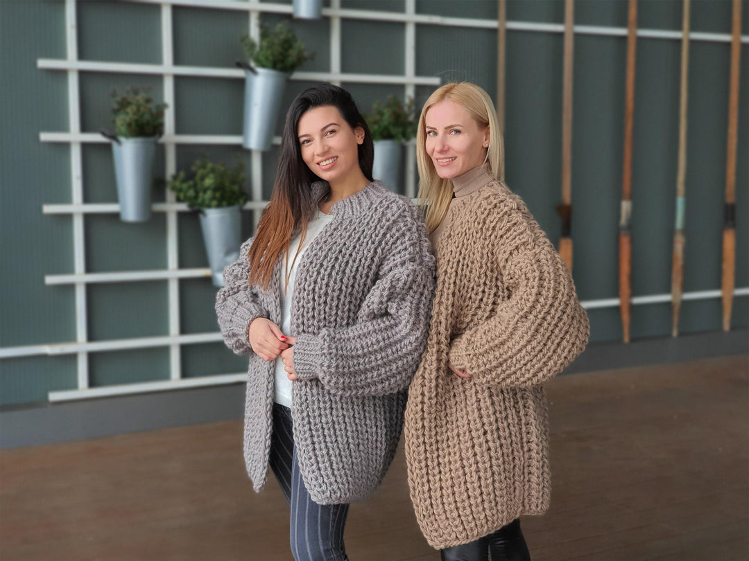 Chunky Wool Cardigan – Hand Knitted 100% Wool English Rib Coat T935