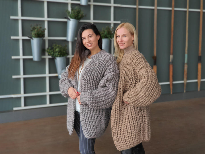 Chunky Wool Cardigan – Hand Knitted 100% Wool English Rib Coat T935