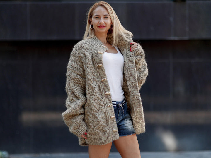 Chunky Wool Cardigan – Hand Knitted 100% Wool Cable Knit Coat T1092