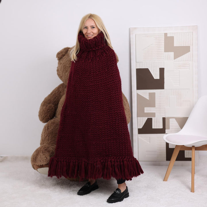 Chunky Merino Wool Poncho – Hand Knitted Roving Yarn Cape with Cowlneck T1853