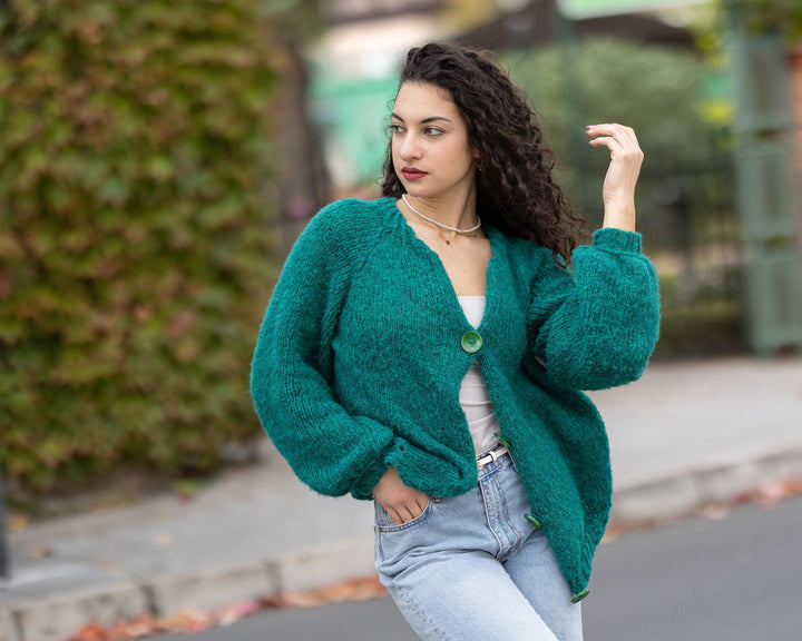 Green Alpaca Cardigan – Hand Knitted Soft  Wool Jacket T1505