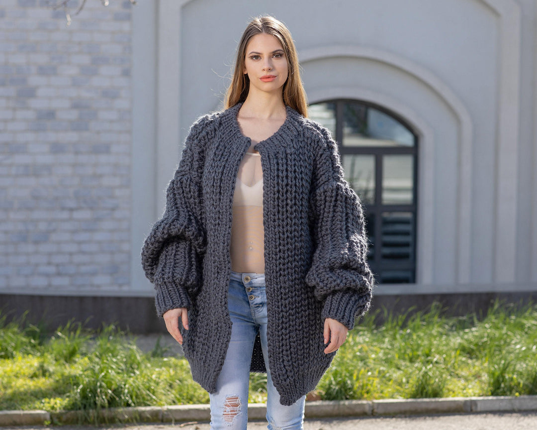 Gray Wool Cardigan – Hand Knitted Fisherman Style English Rib Coat T1021M