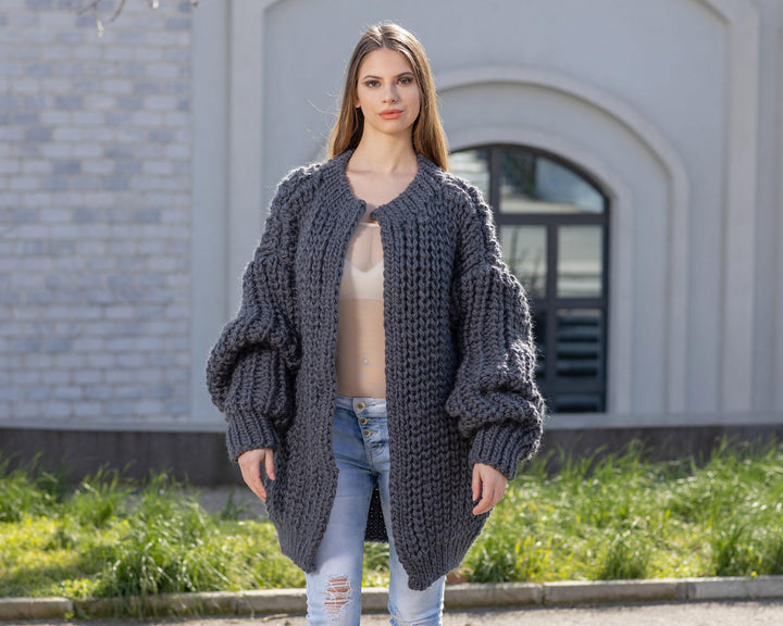 Gray Wool Cardigan – Hand Knitted Fisherman Style English Rib Coat T1021M