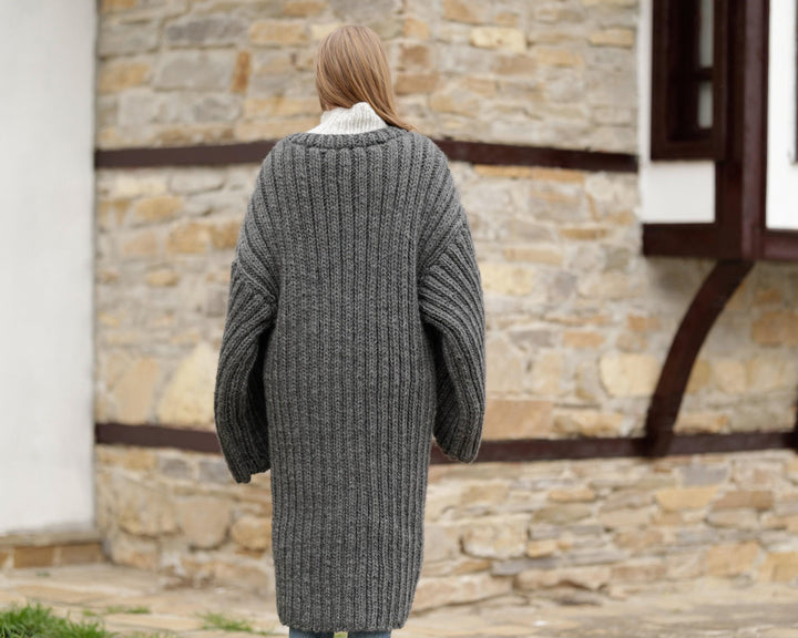 Gray Wool Cardigan – Hand Knitted with Extra Wide Sleeves T1368