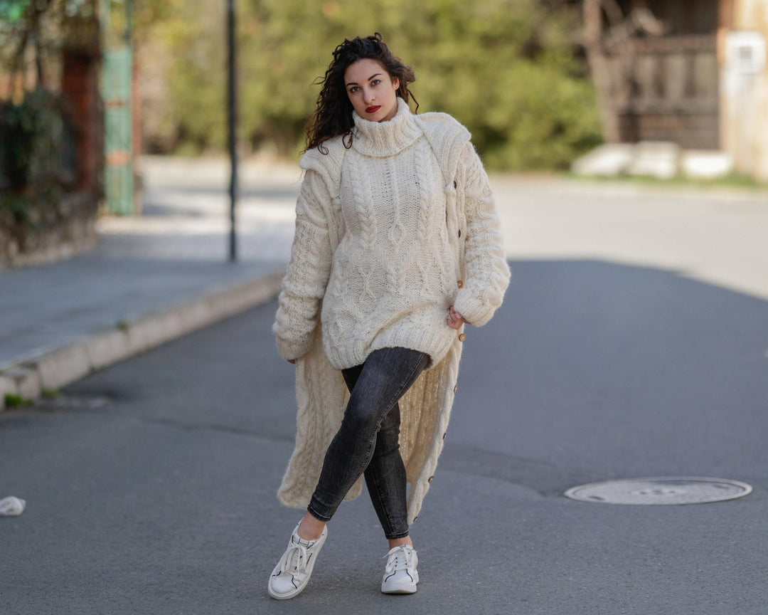 Cream Baby Alpaca Cardigan – Hand Knitted Long Extra Soft Maxi Coat T1386