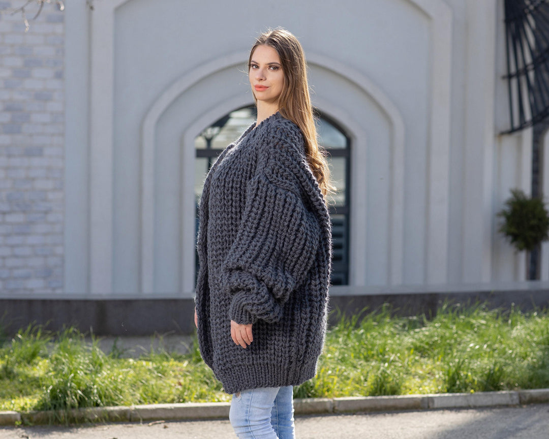 Gray Wool Cardigan – Hand Knitted Fisherman Style English Rib Coat T1021M