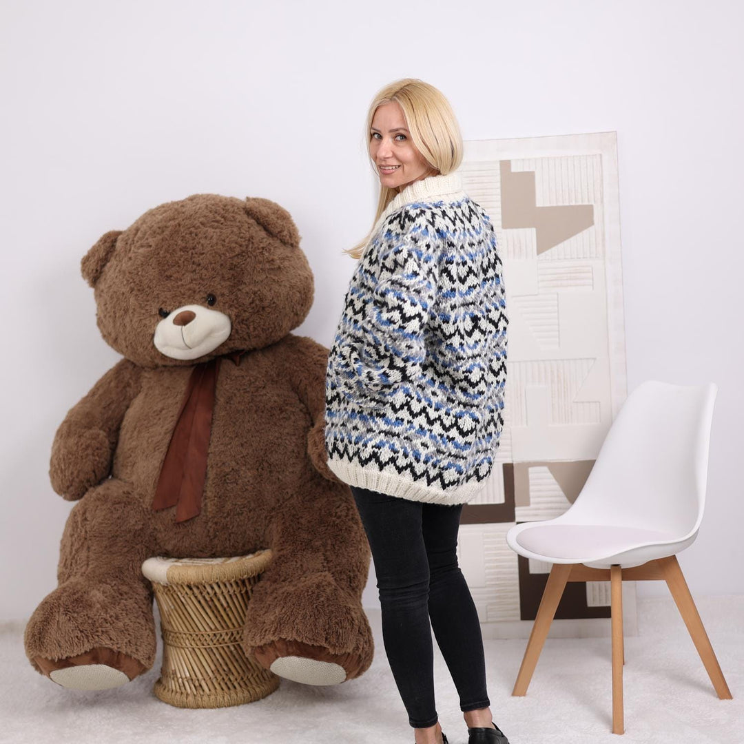 Icelandic Lopi Wool Cardigan – Hand Knitted Nordic Pattern Sweater T1839
