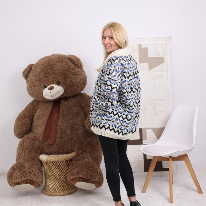 Icelandic Lopi Wool Cardigan – Hand Knitted Nordic Pattern Sweater T1839