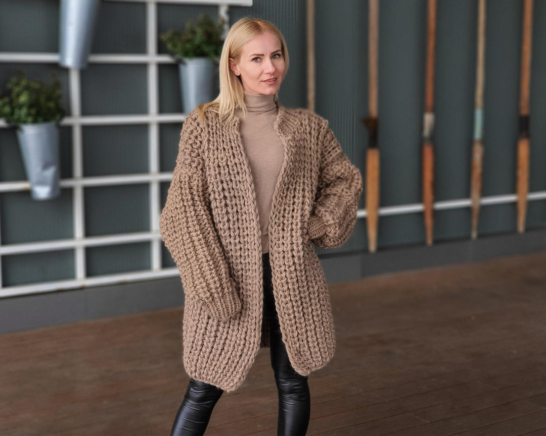 Chunky Wool Cardigan – Hand Knitted 100% Wool English Rib Coat T935