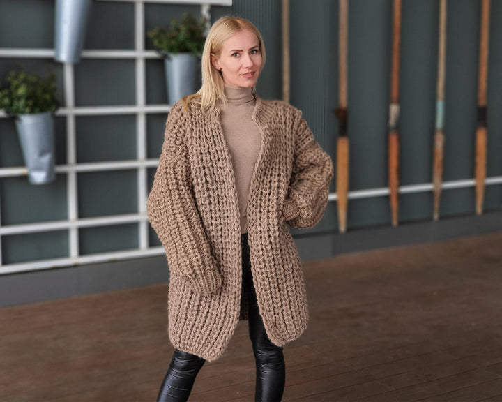 Chunky Wool Cardigan – Hand Knitted 100% Wool English Rib Coat T935