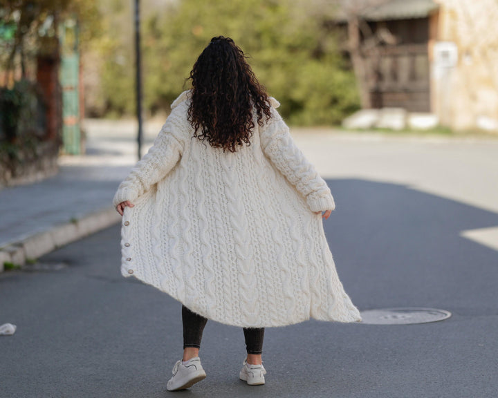 Cream Baby Alpaca Cardigan – Hand Knitted Long Extra Soft Maxi Coat T1386