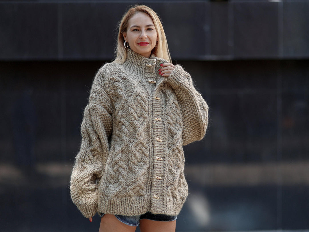 Chunky Wool Cardigan – Hand Knitted 100% Wool Cable Knit Coat T1092