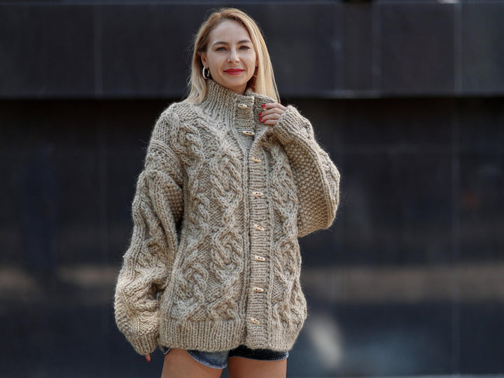 Chunky Wool Cardigan – Hand Knitted 100% Wool Cable Knit Coat T1092