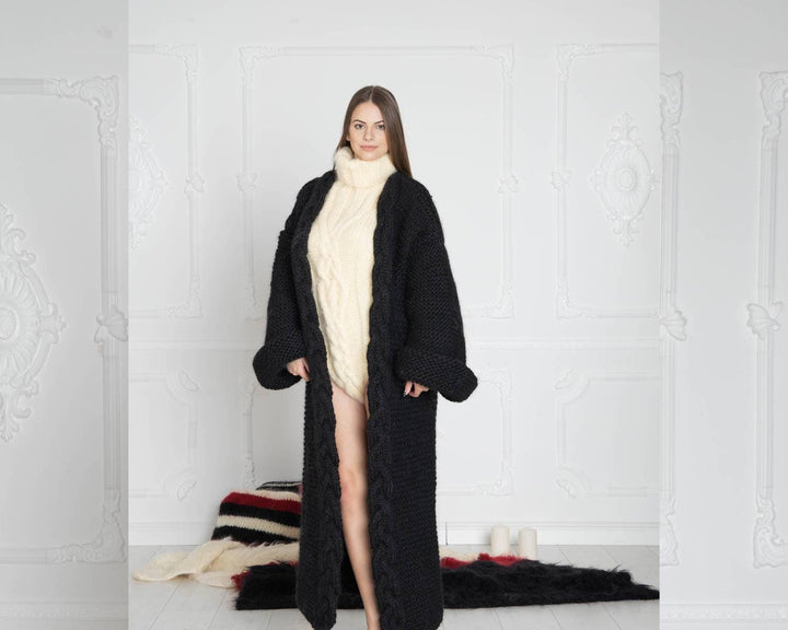 Black Wool Cardigan – Hand Knitted Long Oversized Chunky Coat T637W