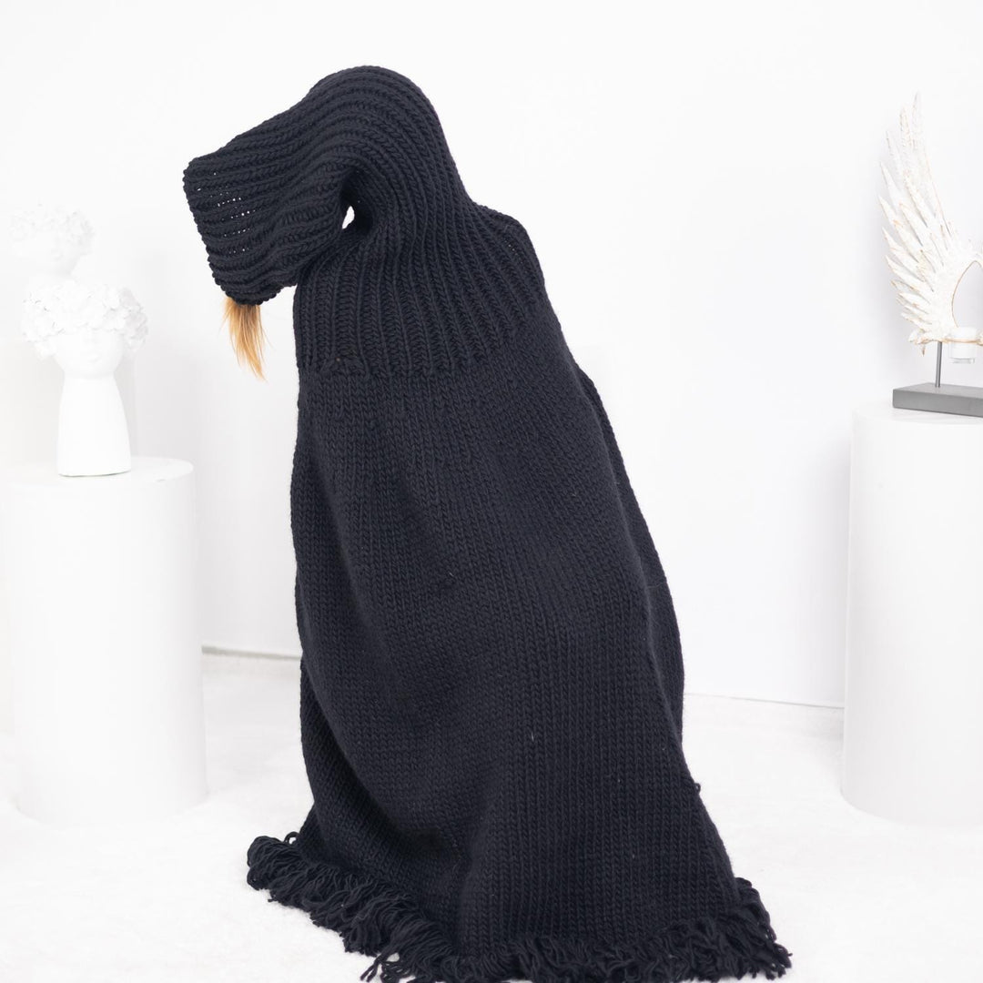 Black Wool Poncho – Hand Knitted Chunky Knit with 80 cm Turtleneck T1754