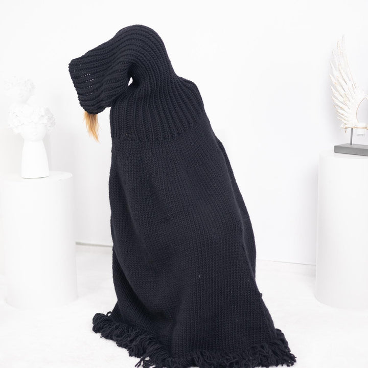 Black Wool Poncho – Hand Knitted Chunky Knit with 80 cm Turtleneck T1754