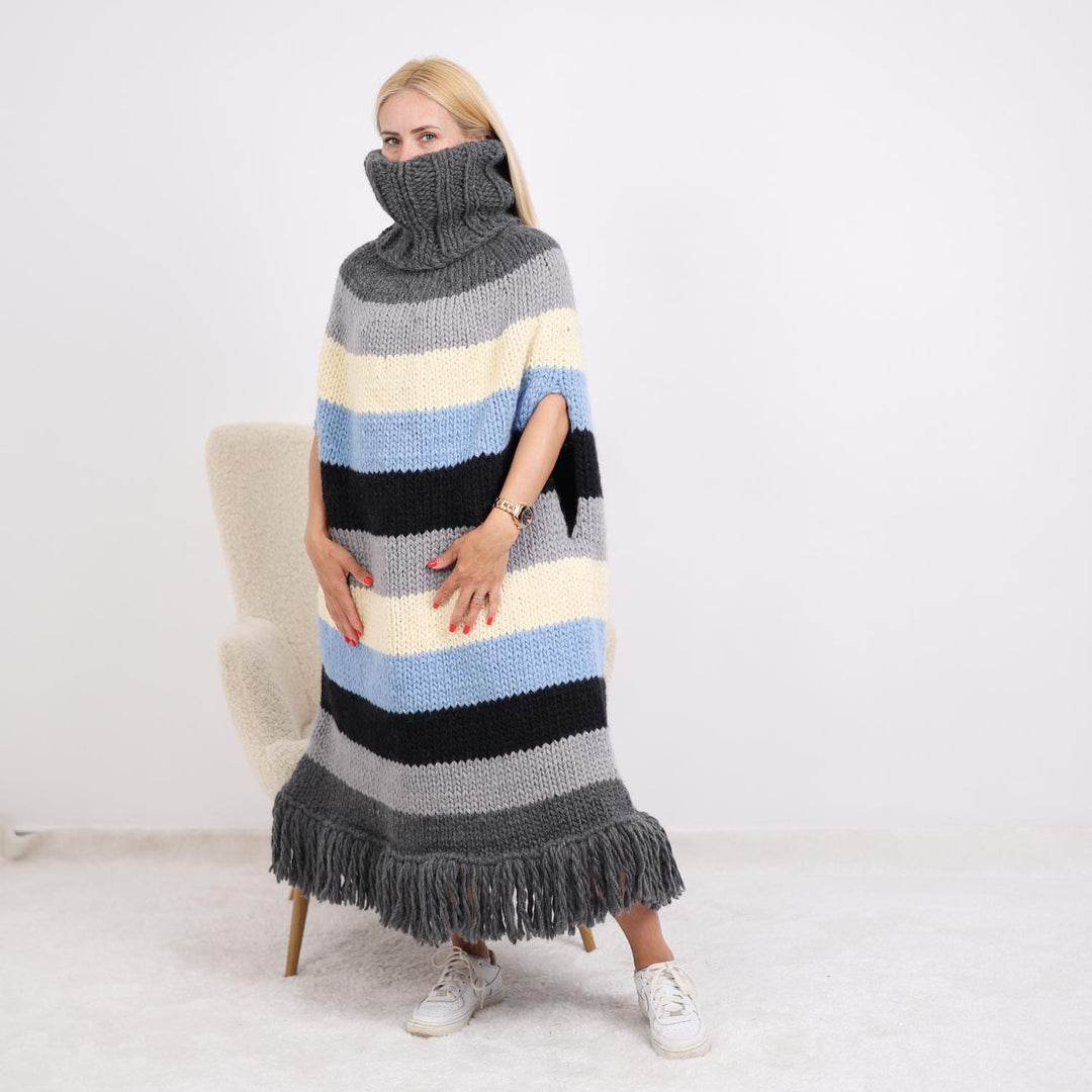 Striped Wool Poncho – Hand Knitted 3-Strand Fringed Cape with Long Turtleneck T1895