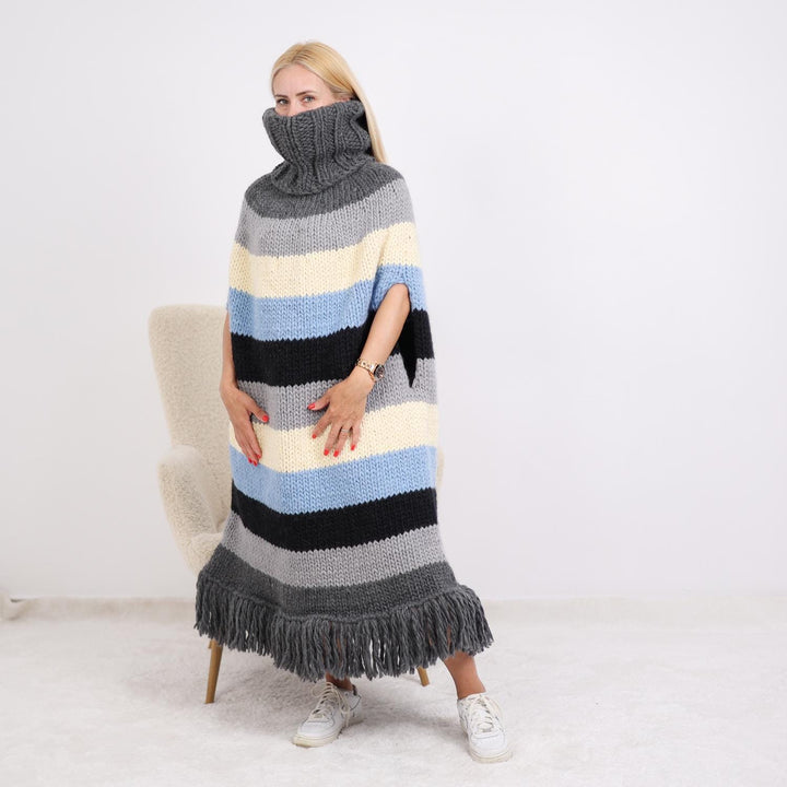 Striped Wool Poncho – Hand Knitted 3-Strand Fringed Cape with Long Turtleneck T1895