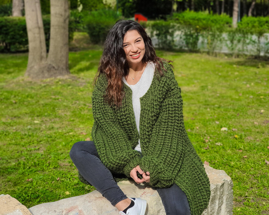 Chunky Wool Cardigan – Hand Knitted 100% Wool English Rib Coat T902