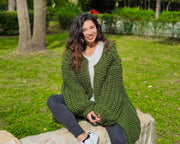 Green 3-Strand Soft Wool English Rib Cardigan T902
