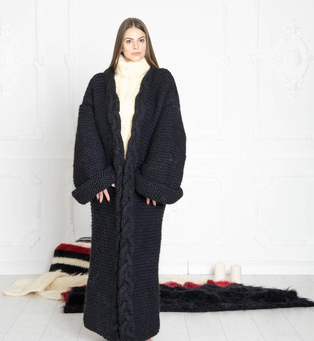 Black Wool Cardigan – Hand Knitted Long Oversized Chunky Coat T637W