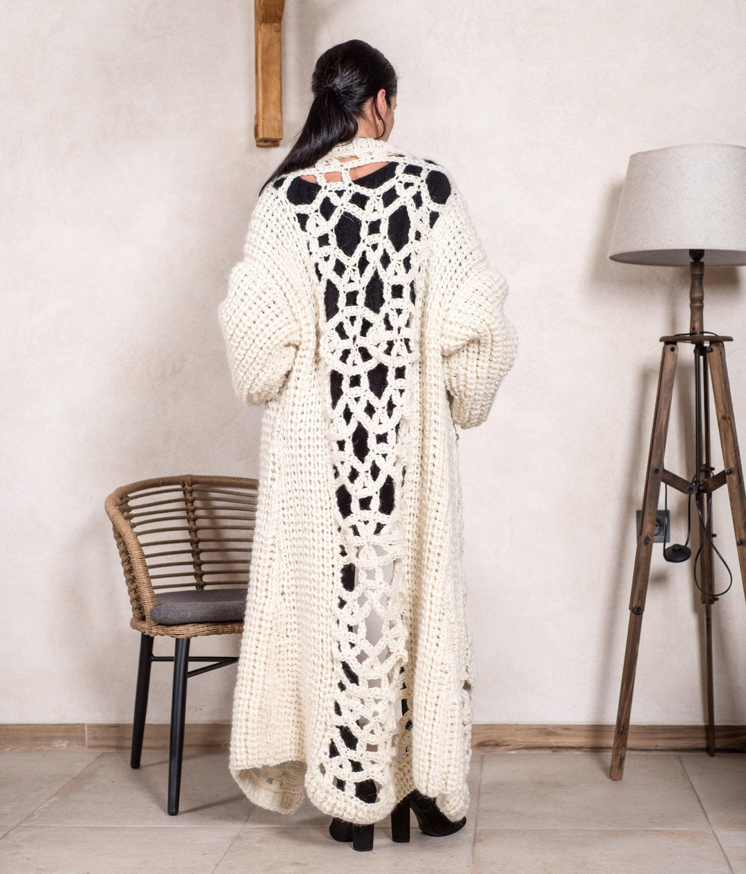 Wool Cardigan – Hand Knitted 100% Wool Crochet and Rib Maxi Coat T806