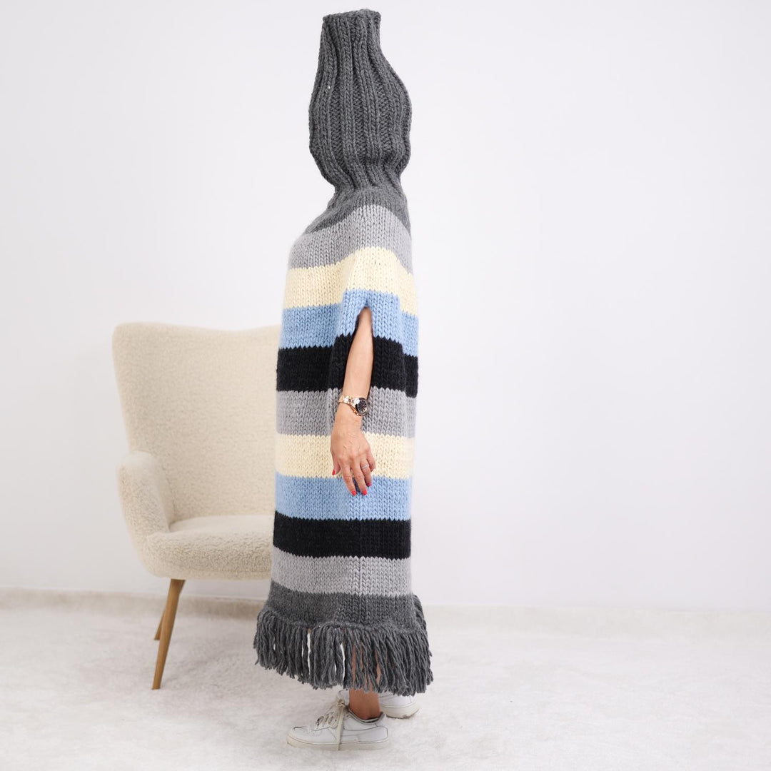 Striped Wool Poncho – Hand Knitted 3-Strand Fringed Cape with Long Turtleneck T1895